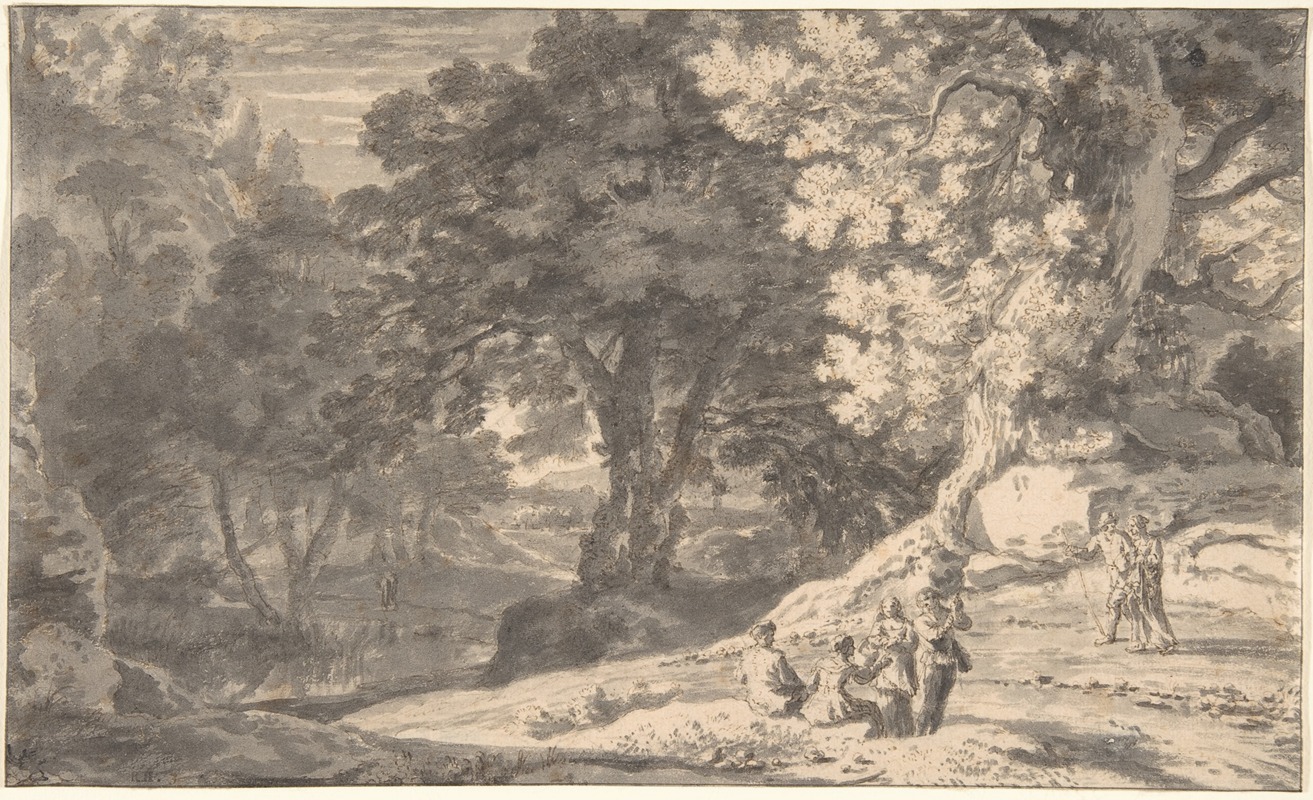 Herman van Swanevelt - A Wooded Landscape with Travellers by the Roadside, a Stream beyond