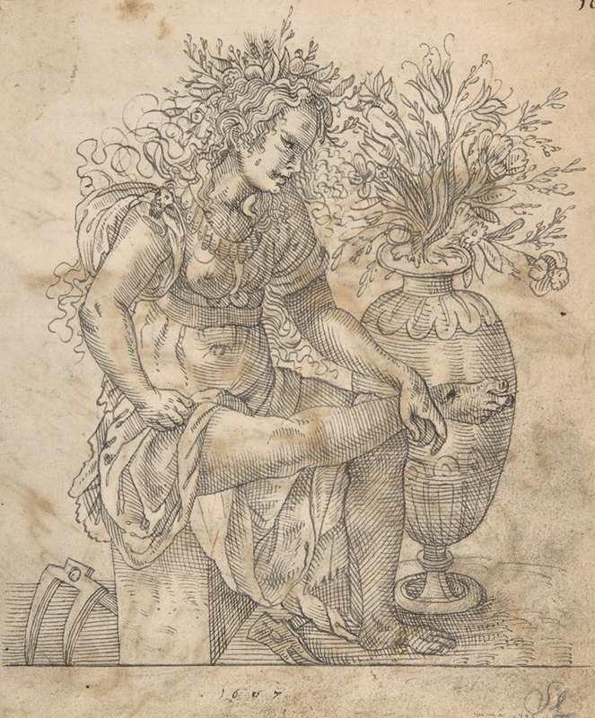 Hermann Weyer - Flora Seated by a Vase with Two Harks on the Ground, after Jost Amman