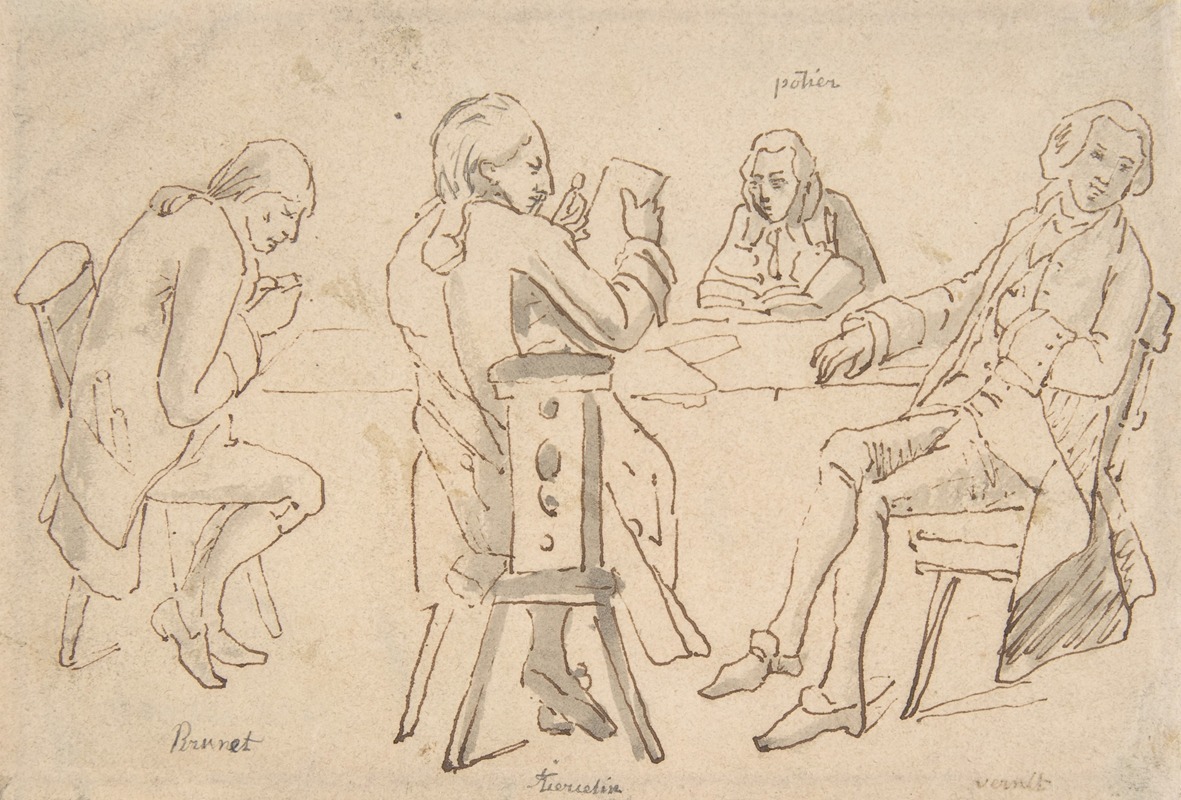 Horace Vernet - Four Artists seated at a table (Brunet, Potier, Tiercetin, Vernet)