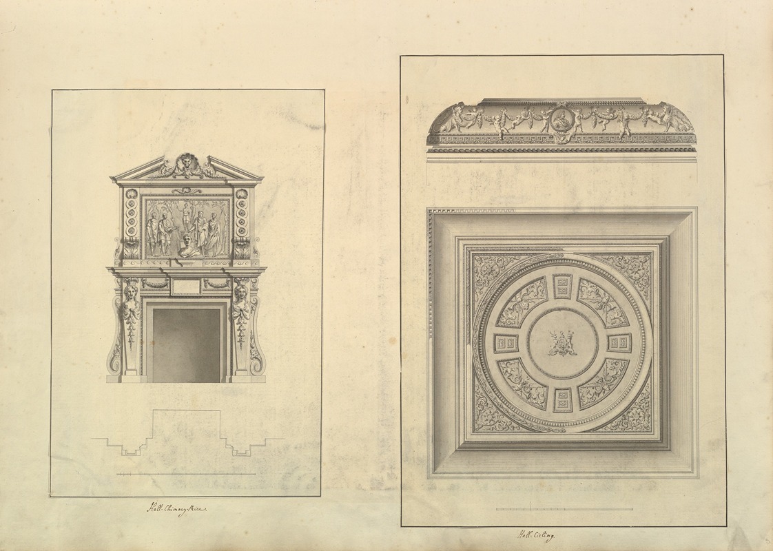 Isaac Ware - Leaf from Aedes Walpolianae mounted with two drawings; (a); Hall Chimney-Piece, Houghton Hall, Norfolk; (b); Hall Ceiling, Houghton Hall, Norfolk