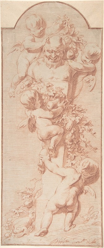 Jacob de Wit - Design for a Panel with Four Putti Decorating a Herm (Terminal Figure) with Garlands of Fruit and Foliage