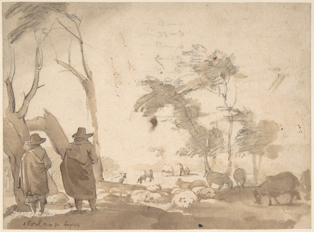 Jacob van der Does - Landscape with Sheep and Two Figures