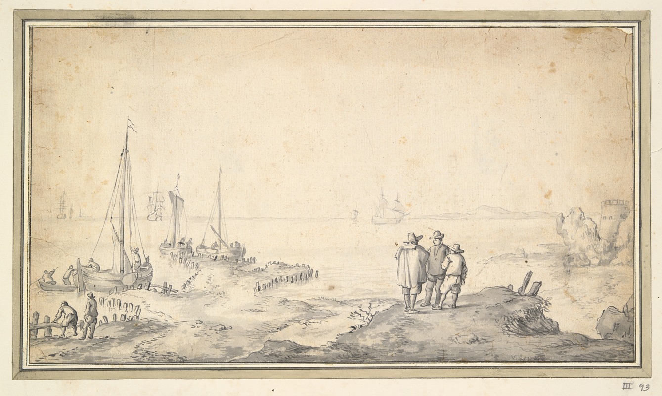 Jan van Goyen - Three Figures on a Dune Overlooking Bay with Ships
