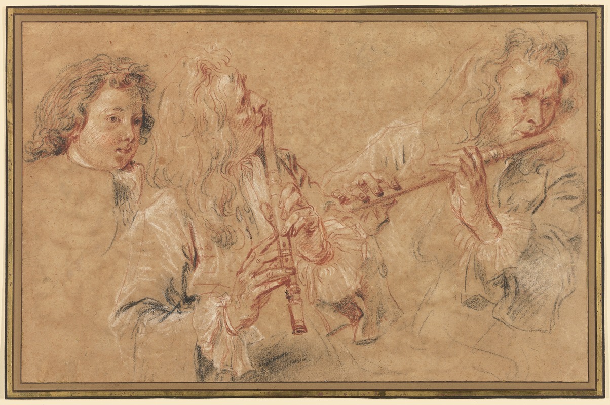 Jean-Antoine Watteau - Two Studies of a Flutist and a Study of the Head of a Boy