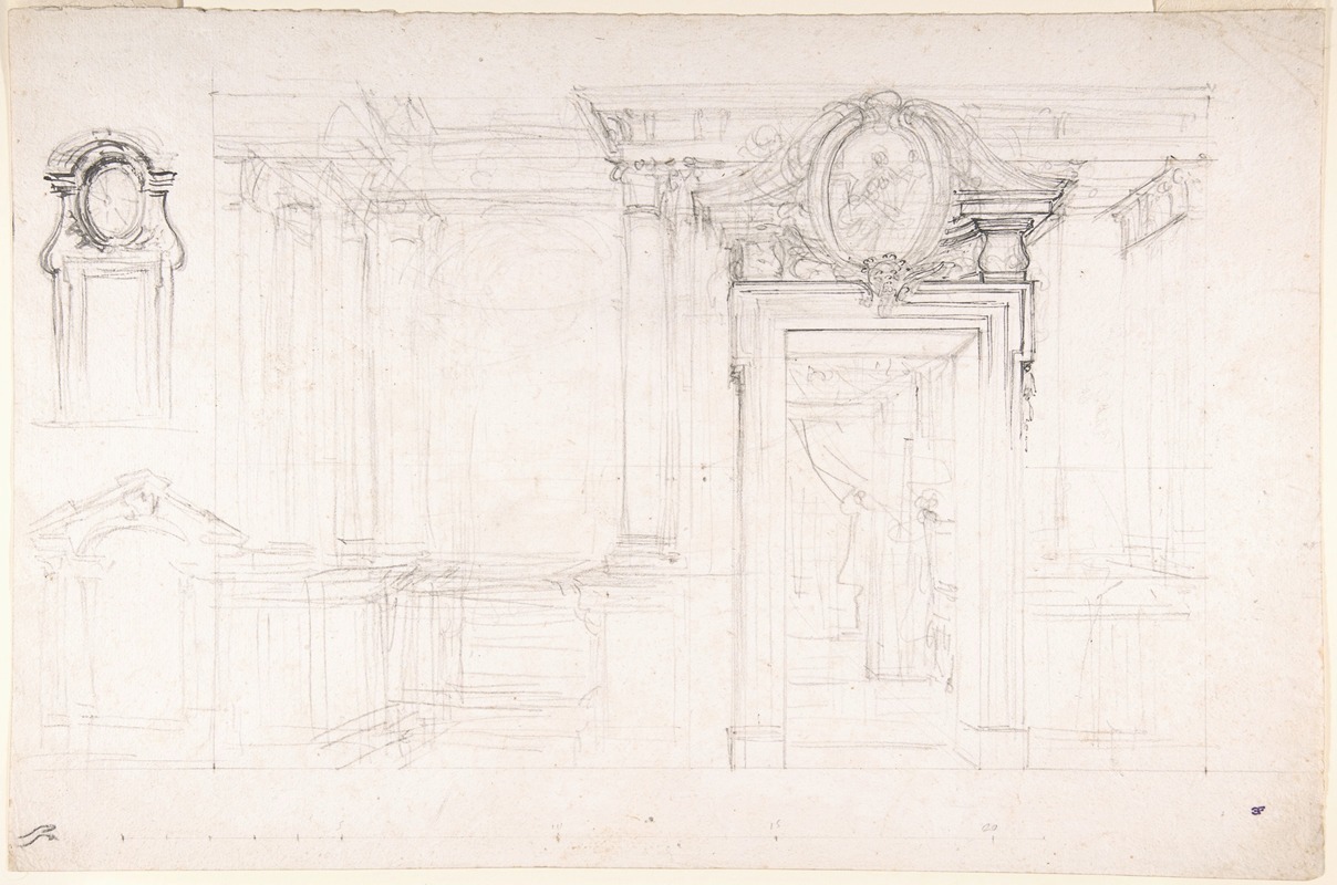 Luigi Vanvitelli - Architectural Sketch for the design of a Wall with Doorway, with two smaller sketches for the design of windows or doorways