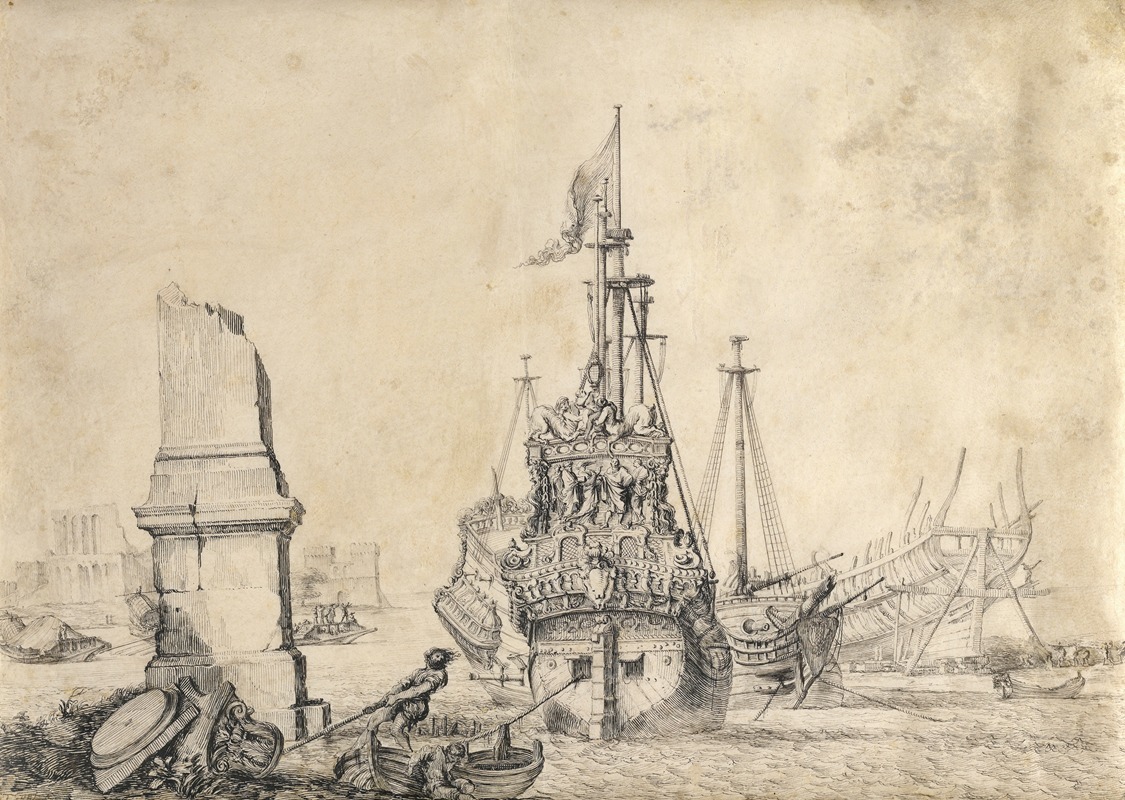 Pierre Puget - A ship in a port near a ruined obelisk