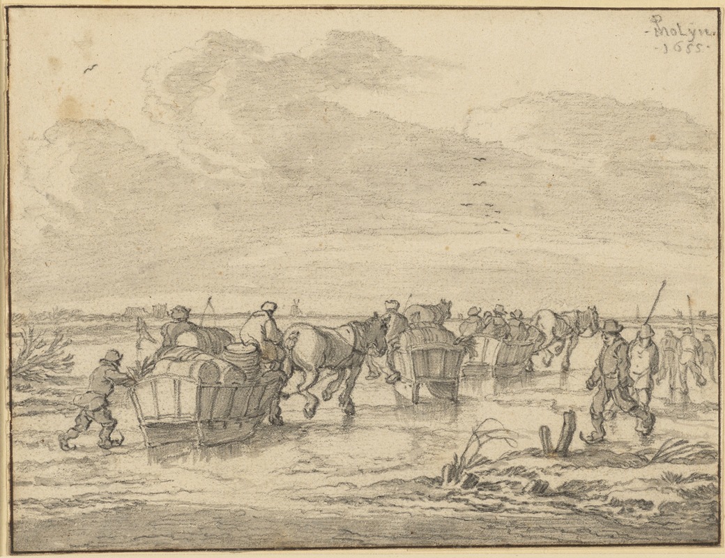 Pieter de Molijn - A Scene on the Ice with Skaters and Wagons