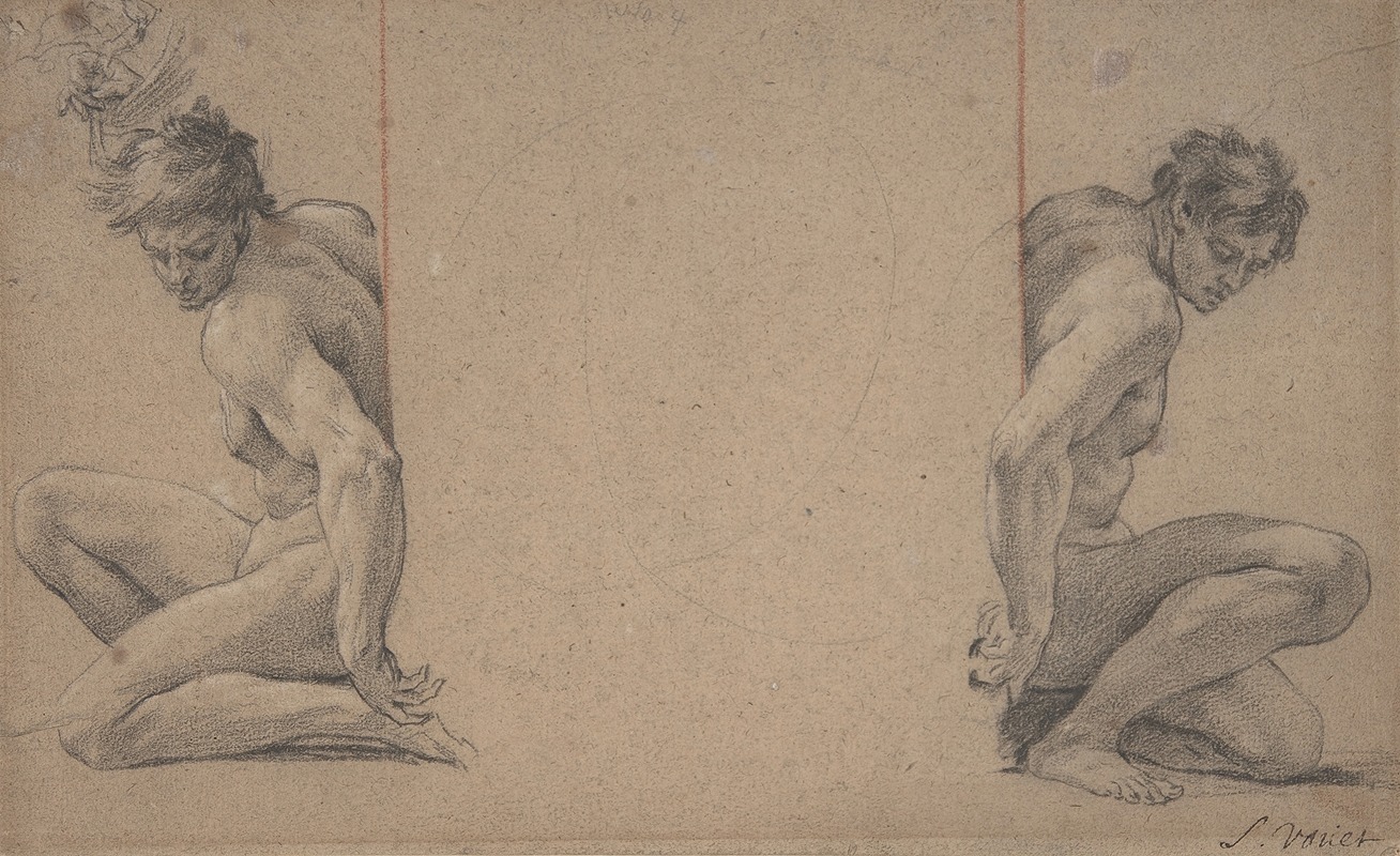 Simon Vouet - Two Crouching Nude Male Figures