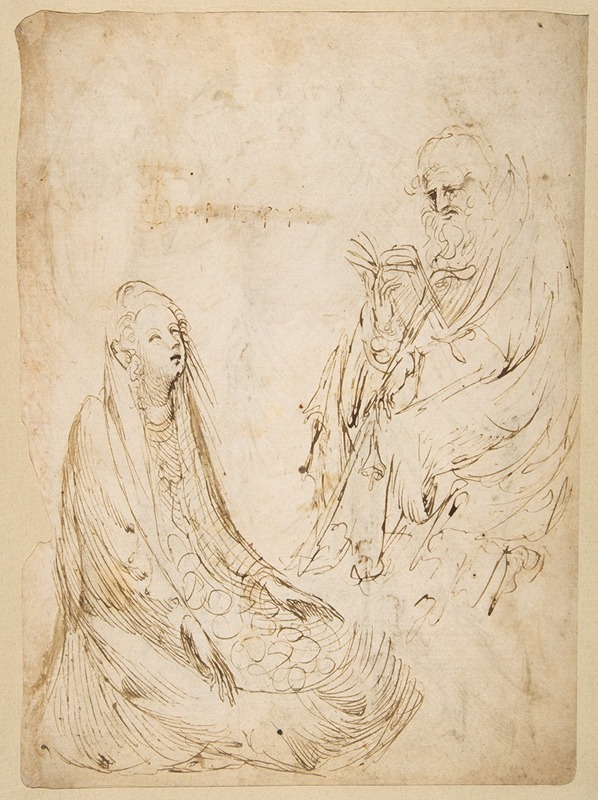 Stefano da Verona - Seated Woman and a Male Hermit in Half-length