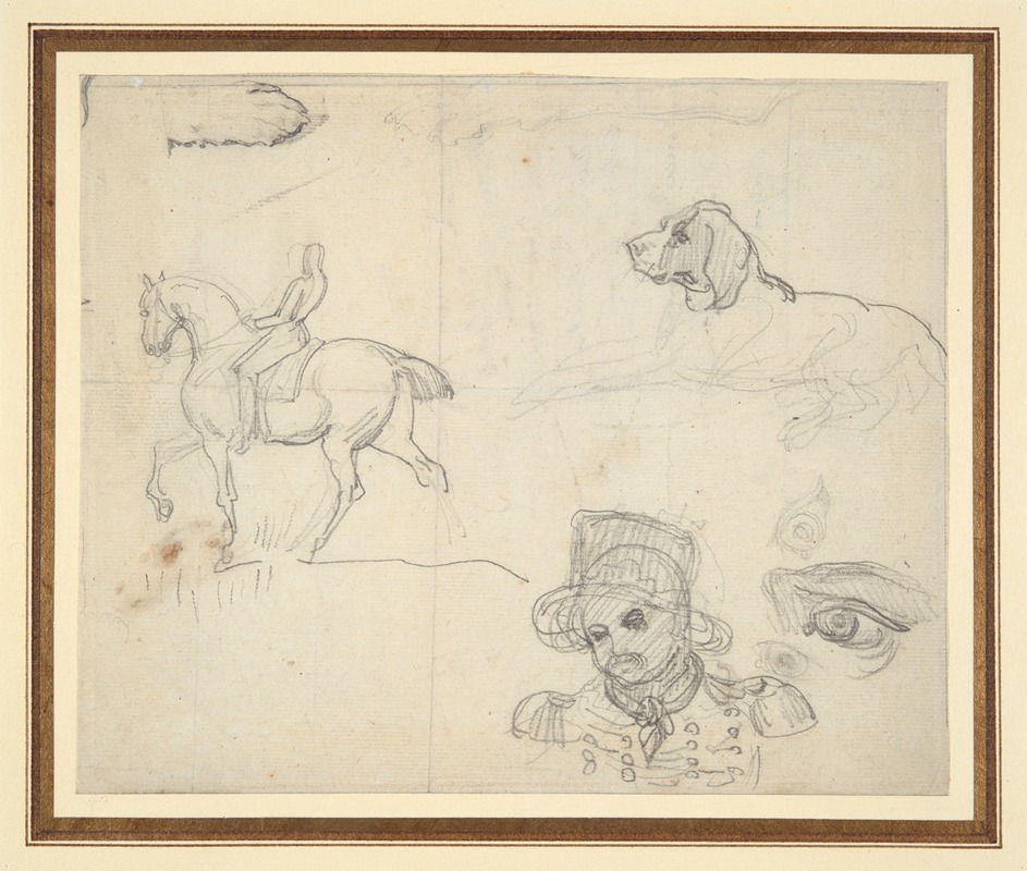 Théodore Géricault - Page of Sketches (equestrian, dog, soldier’s head)