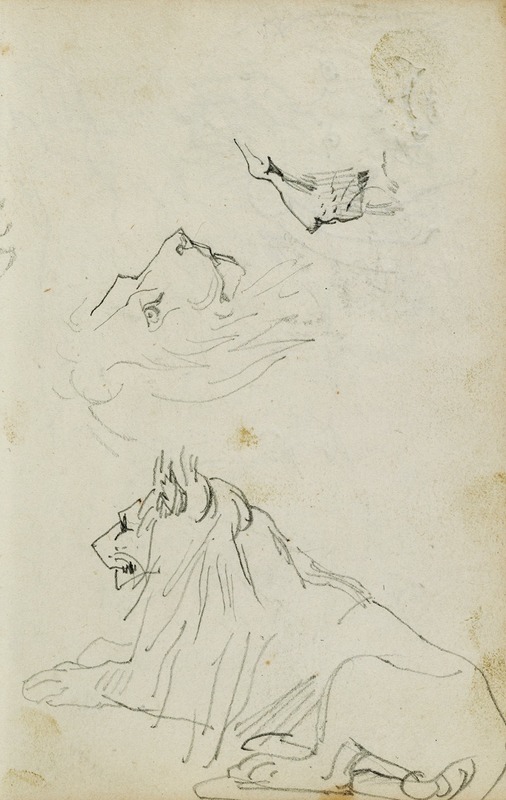 Théodore Géricault - Seated lion, two lion head studies