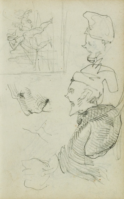 Théodore Géricault - Studies of lion, compositional group figure study, two caricature head studies