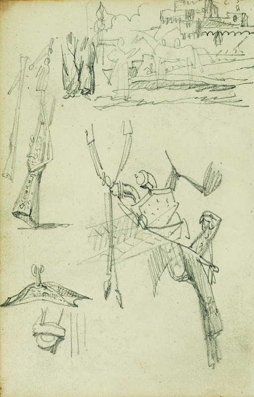 Théodore Géricault - Weapon studies, compositional study of castle scene