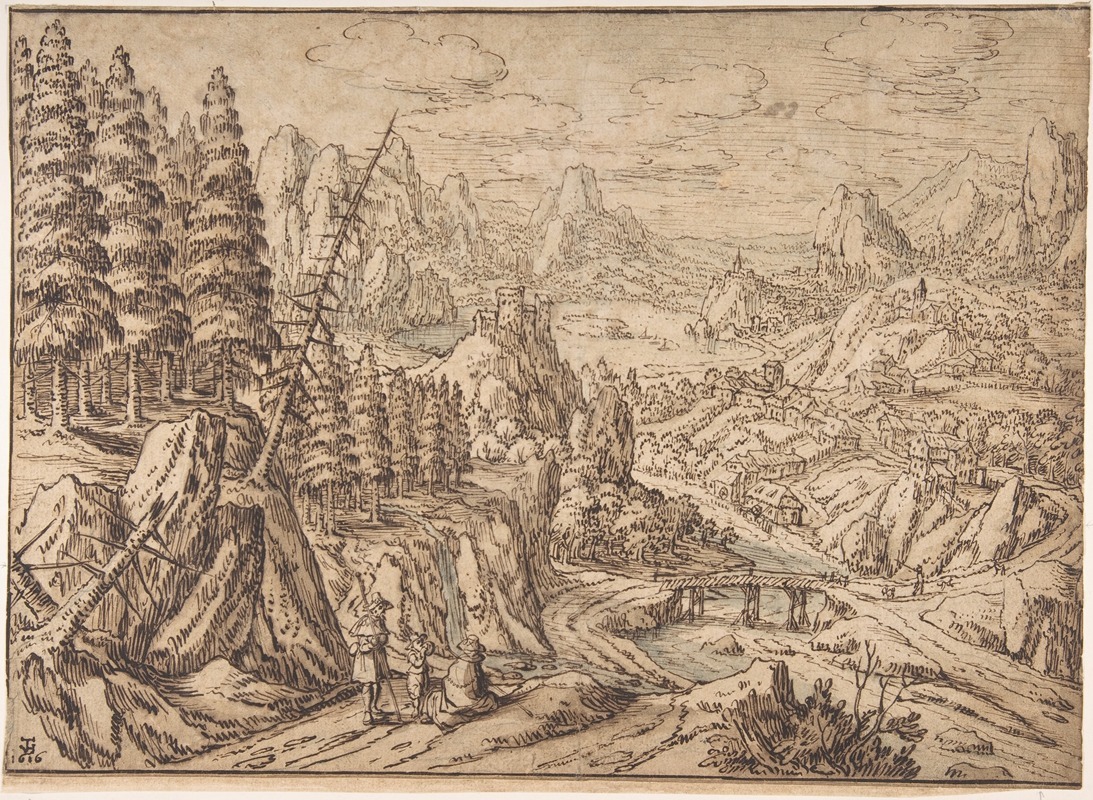 Tobias Verhaecht - Mountainous Landscape with Travelers on a Road