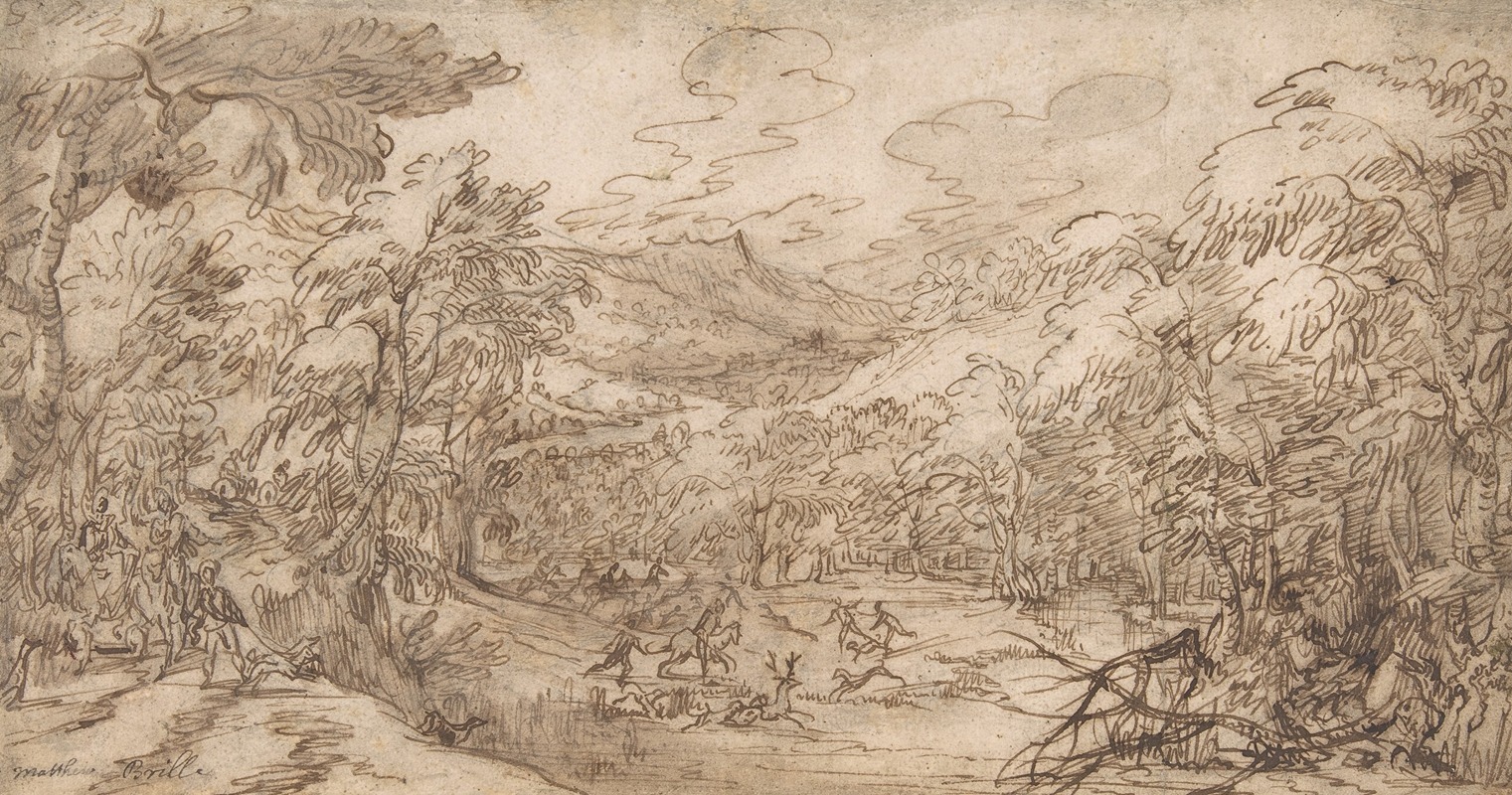 Tobias Verhaecht - Wooded Landscape with Stag Hunt