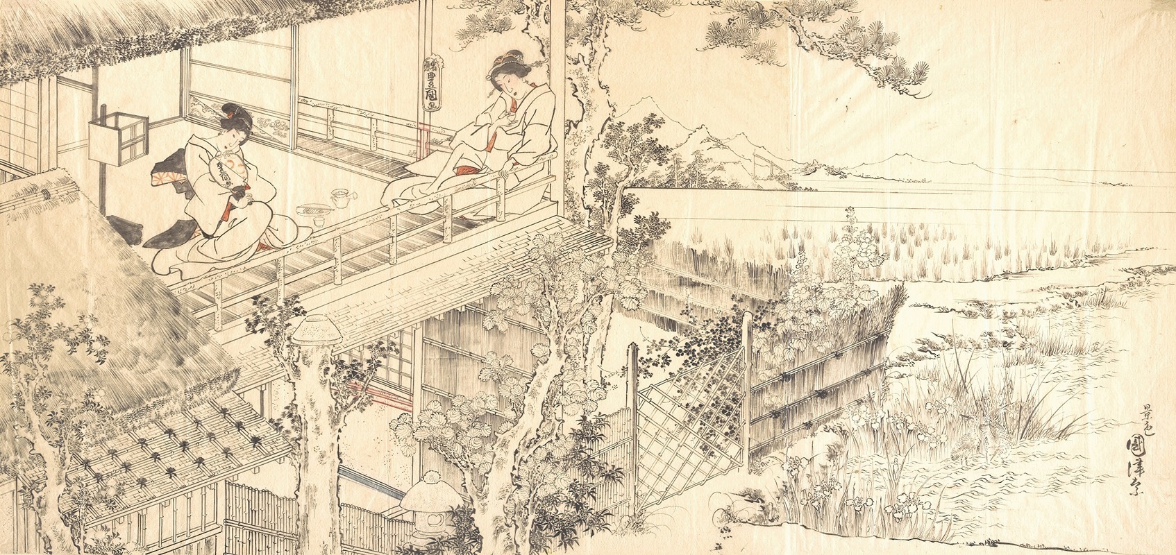 Utagawa Kunisada (Toyokuni III) - Two Courtesans Enjoying the View from a Teahouse