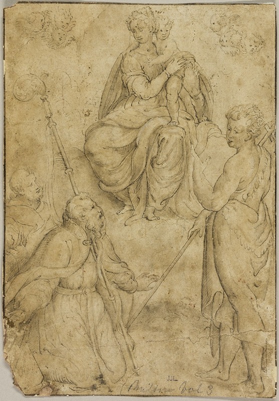 After Bernardino Campi - Seated Virgin and Child with Bishop Saint and Monastic Saint, and Saint John the Baptist
