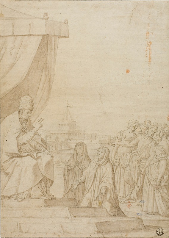 After Federico Zuccaro - Pope Blessing Two Women in the Presence of Satyr and Assembled Women with Castel Sant Angelo in the Background