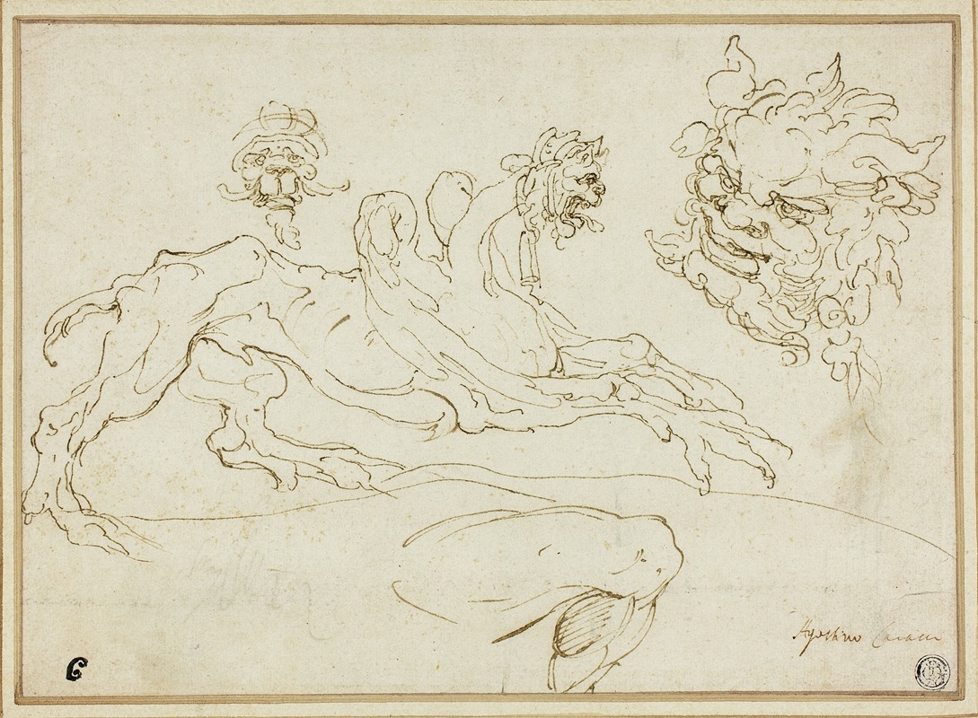 Agostino Carracci - Four Sketches; Griffin, Grotesque Head, Head of Satyr, Bent Leg