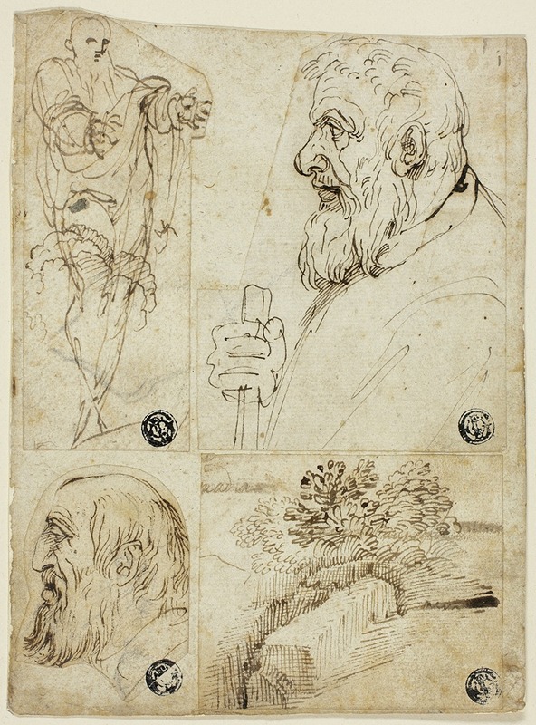 Agostino Carracci - Four Sketches; Standing Male Figure; Profile Bust of Bearded Man; Profile Head of Bearded Man; Landscape