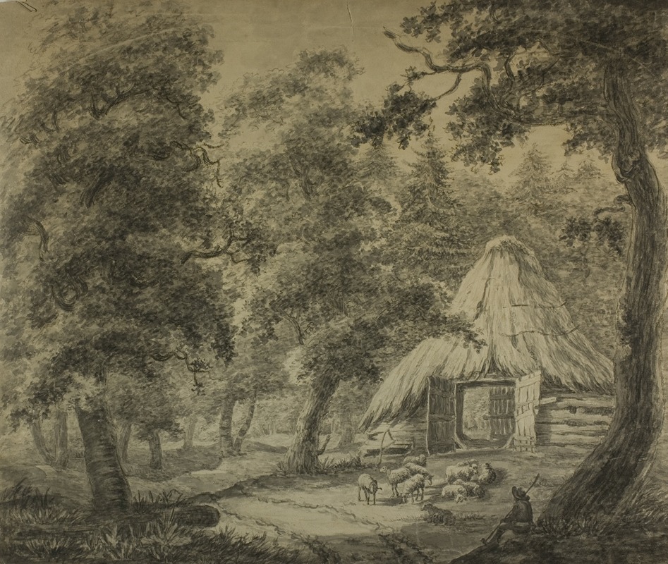 Antonie Waterloo - Thatched Hut in Woods with Shepherd and Sheep