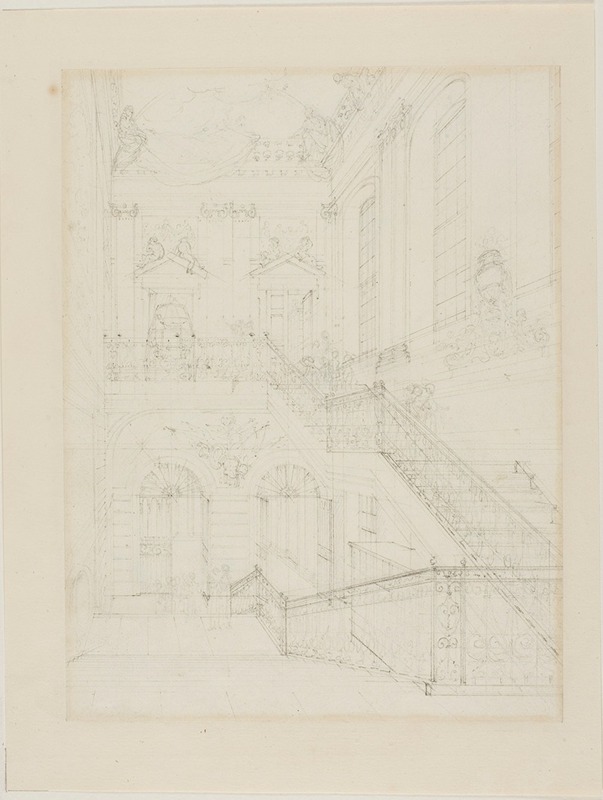 Augustus Charles Pugin - Study for The Hall and Staircase, British Museum, from Microcosm of London
