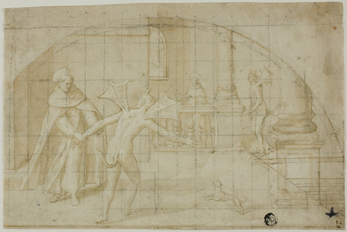 Bernardino Poccetti - Design for a Lunette; Devils and Saint in a Monastery