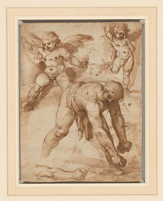 Cesare Rossetti - Studies of a Figure Bending Over, Two Putti, and an Arm