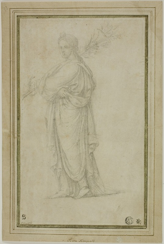 Circle of Girolamo Sellari - Standing Draped Female Figure Carrying Trumpet, Flowers