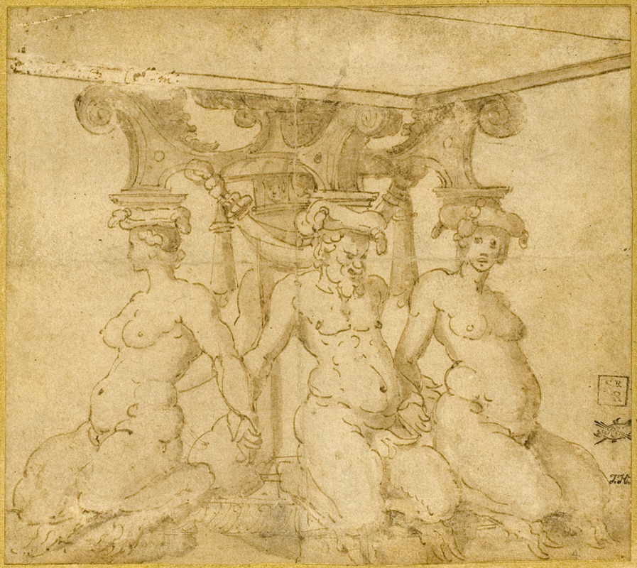 Circle of Marco Marchetti - Design for an Ornamental Base with Kneeling Satyresses and Satyr