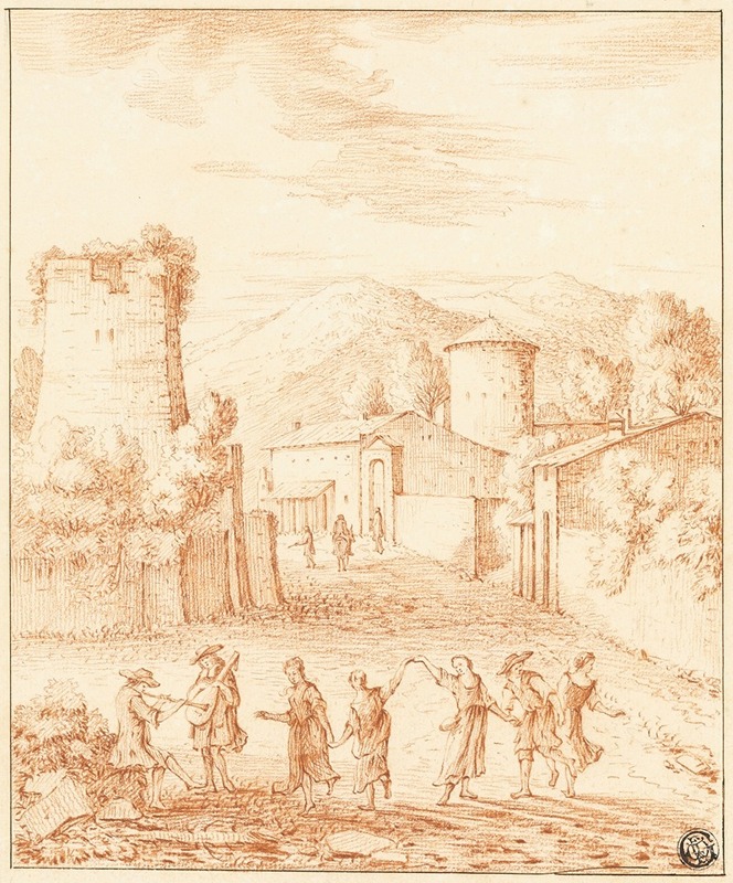 Claude Lorrain - Dancers and Musicians Before Village with Ruined Tower