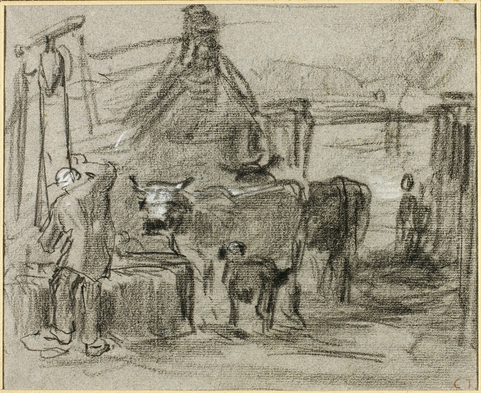 Constant Troyon - Farmyard with Man and Cattle