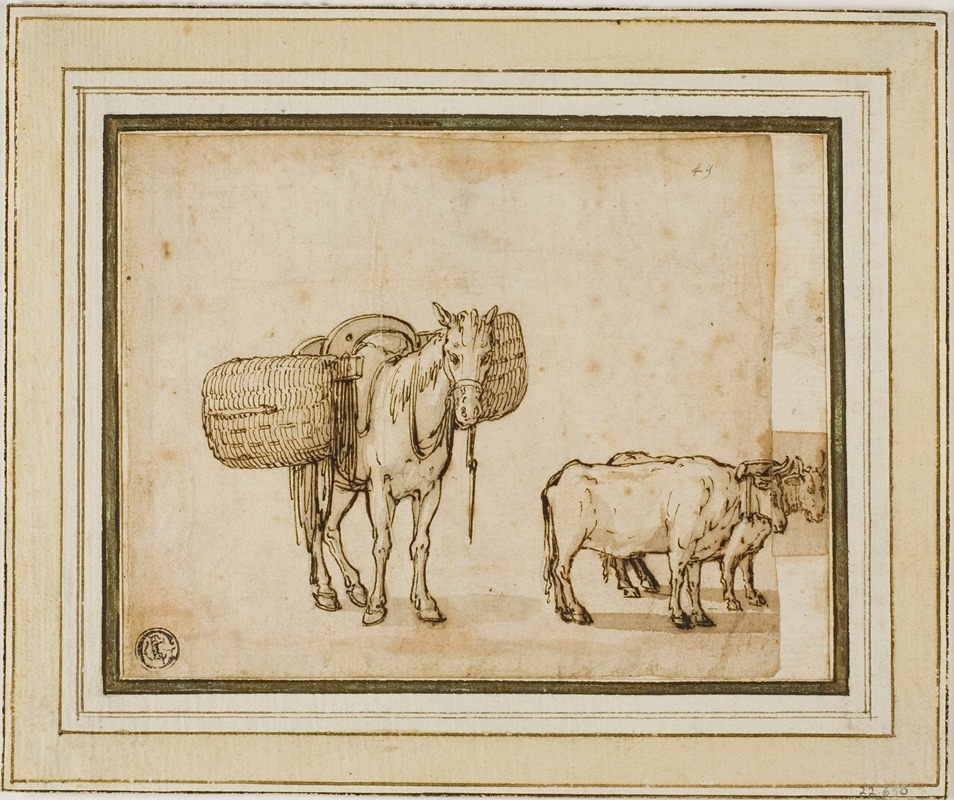 Cornelis De Wael - Mule Carrying Baskets, Pair of Yoked Oxen