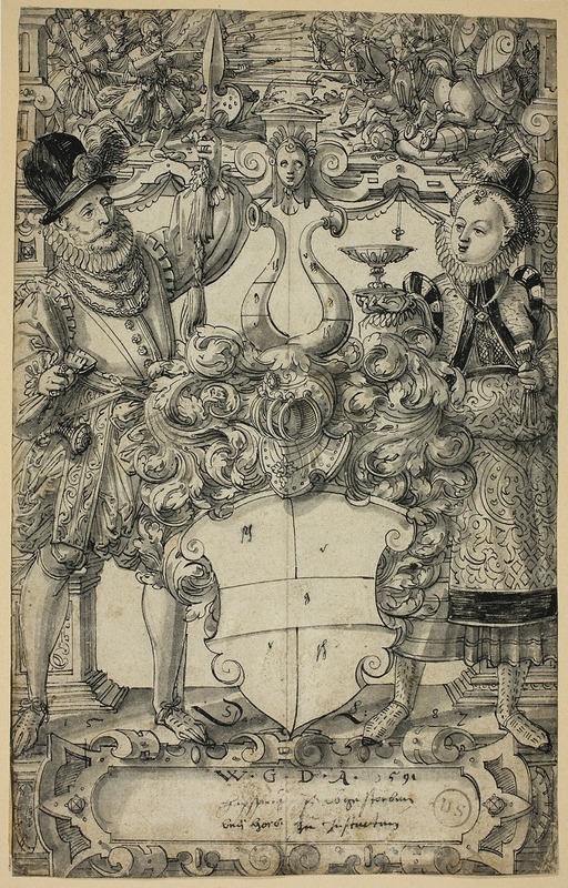 Daniel Lindtmayer - The Arms of Habsberg Flanked by an Elegant Couple