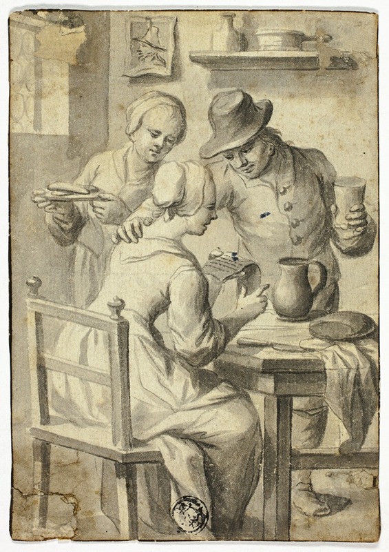 Egbert Van Heemskerck - Woman Reading at Table While Man and Woman Listen In