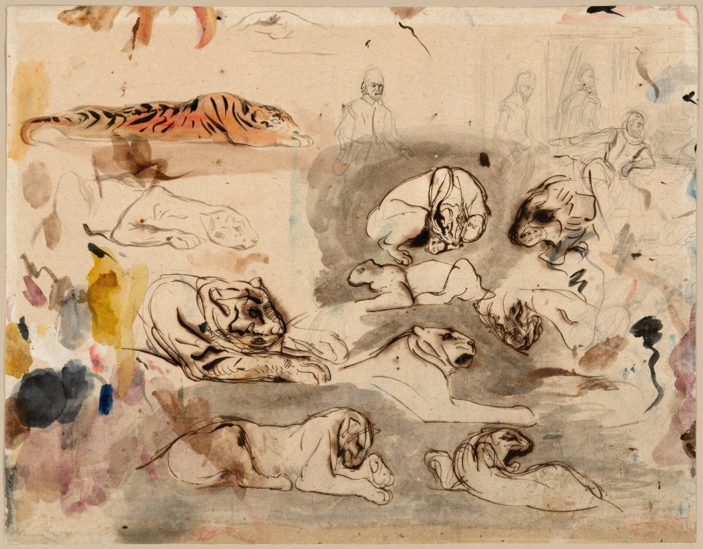 Eugène Delacroix - Sketches of Tigers and Men in 16th Century Costume