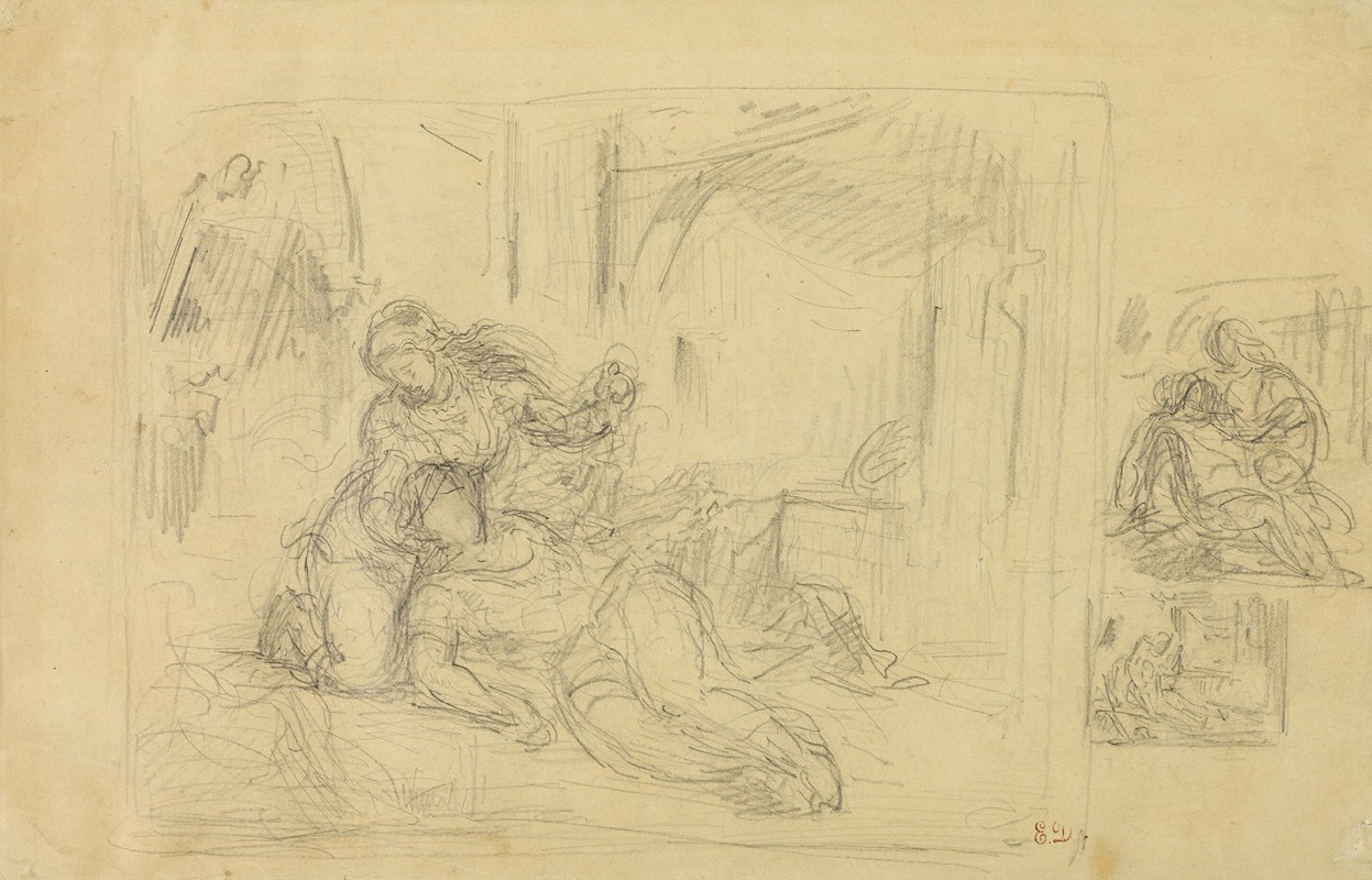 Eugène Delacroix - Woman Dying, Man in Bedroom, Two Sketches of Same