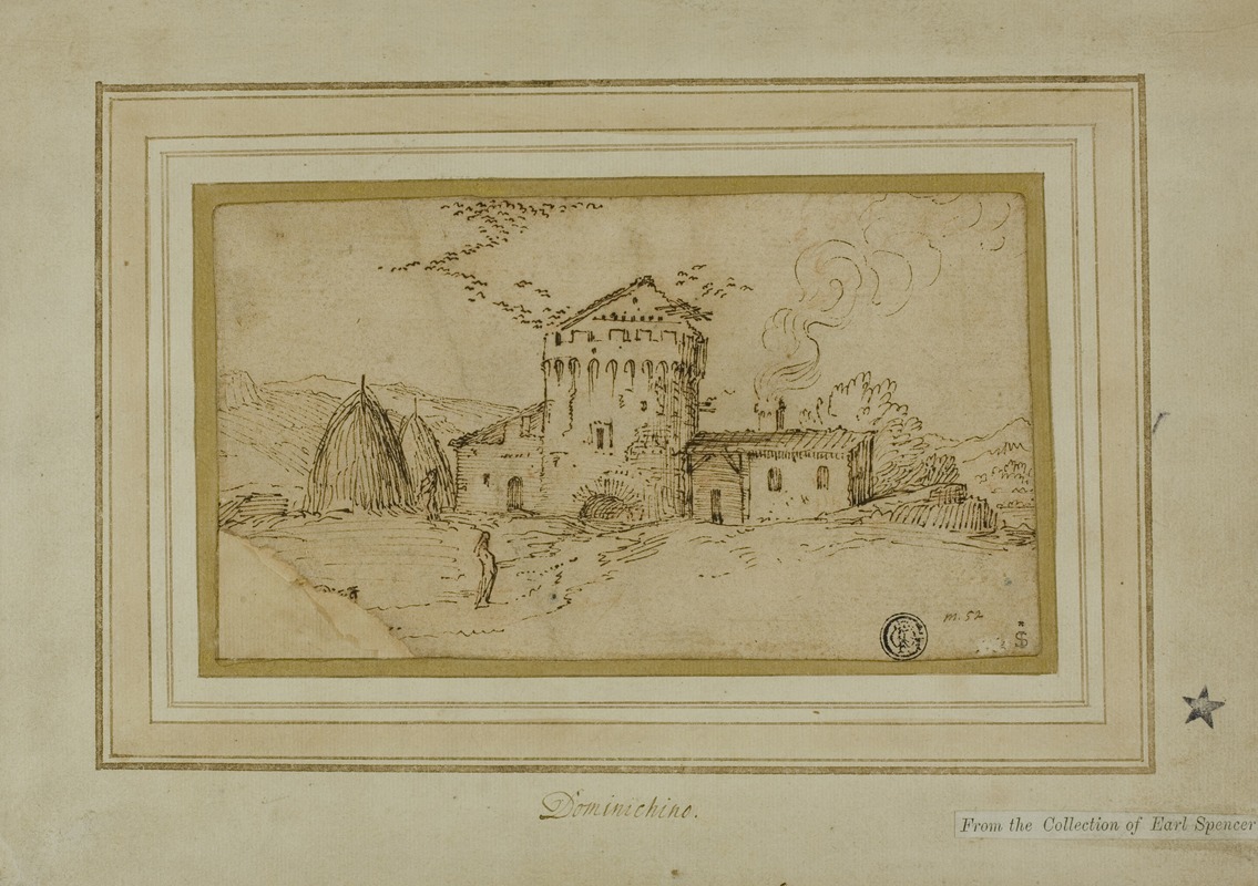 Follower of Domenichino - Farm with Tower and Haystacks