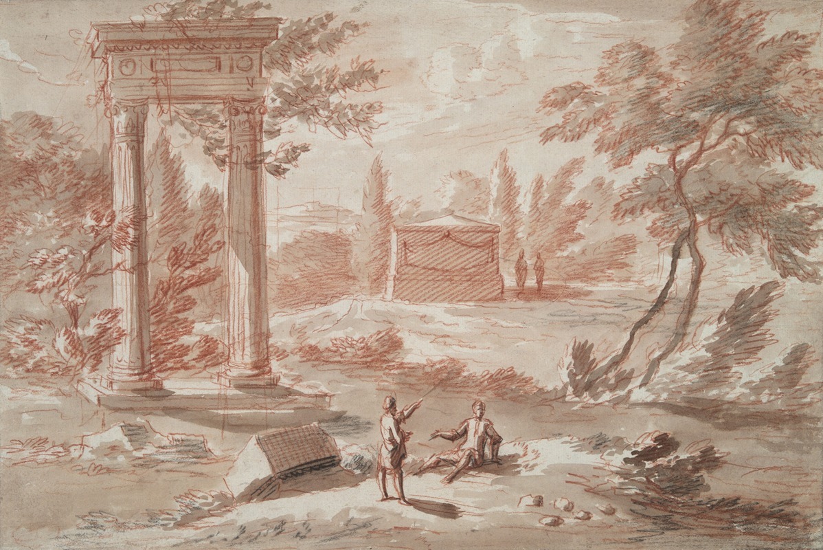 Abraham Rademaker - Landscape with tomb, ruins, and figures