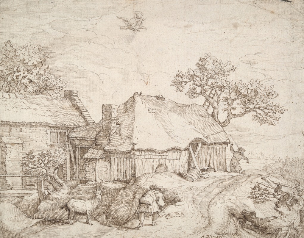 After Abraham Bloemaert - Farm Buildings with Peasants, a Goat, and the Abduction of Ganymede