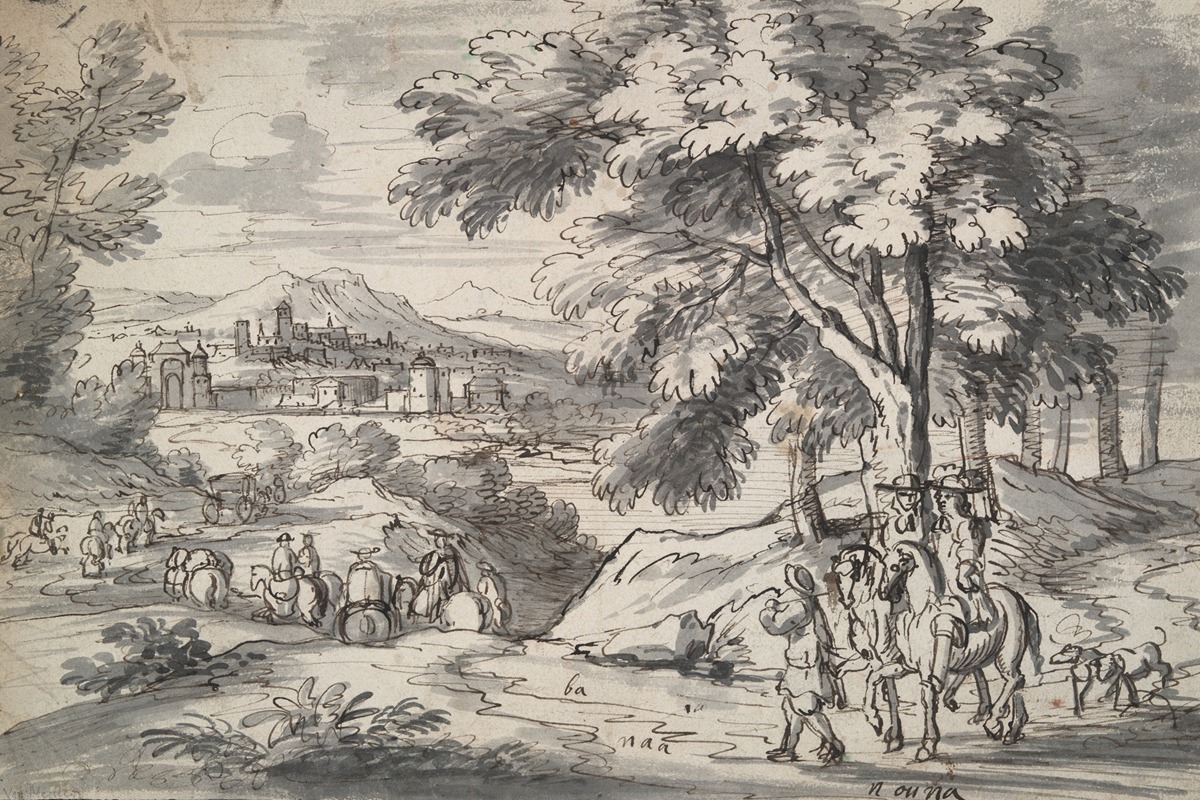 Circle of Adam van der Meulen, - Landscape with Travelers and City in the Distance