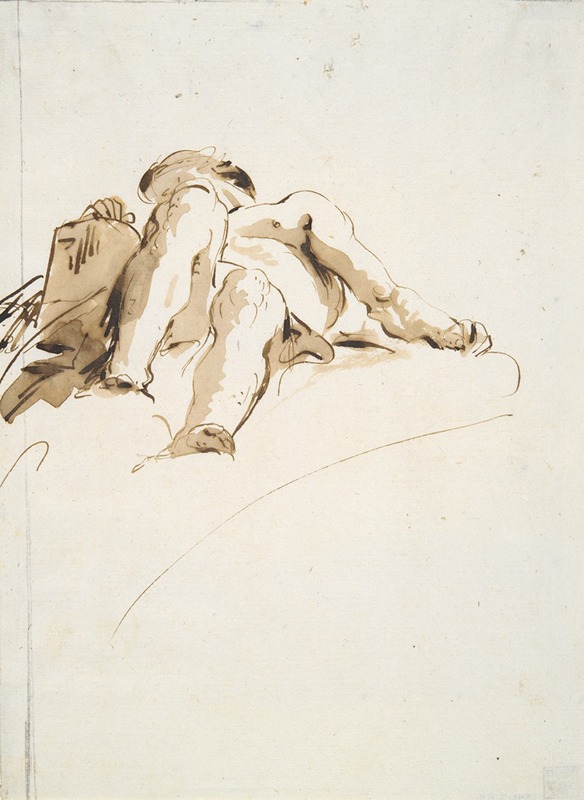 Giovanni Battista Tiepolo - Reclining male nude with right hand resting on a stone tablet, seen from below
