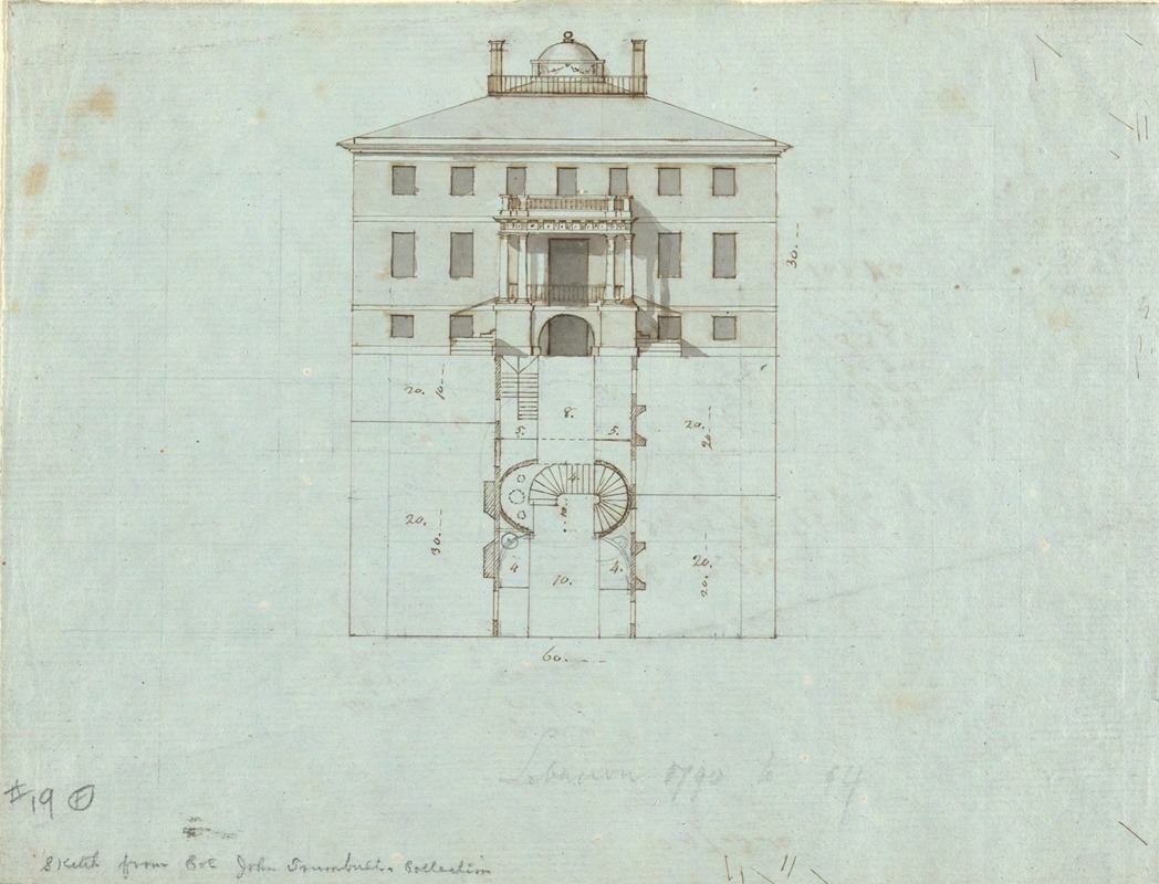 John Trumbull - Elevation and plan for interior of large house
