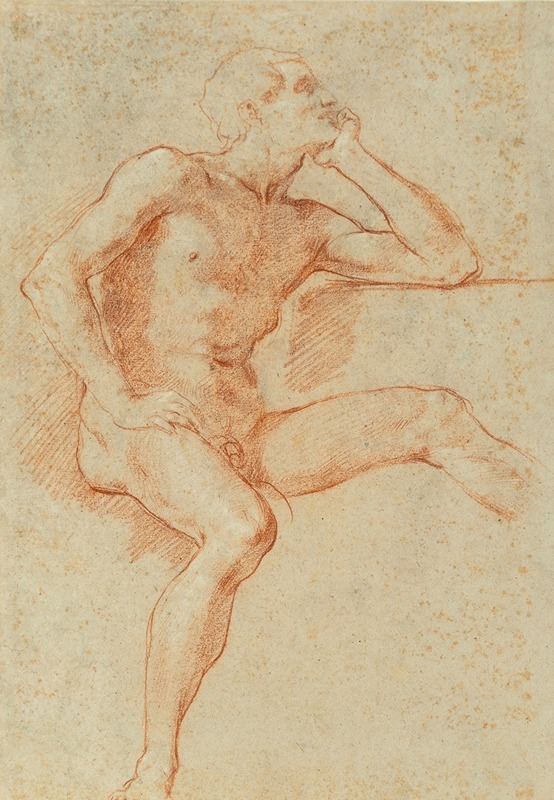 Baldassarre Franceschini - Study of a male nude, seated, resting his chin on his left hand