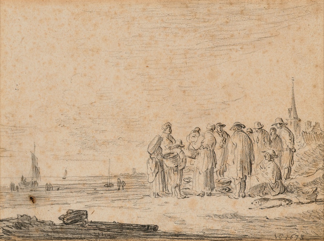 Jan van Goyen - Retour de pêche sur le bord du rivage, le clocher d’une église à l’arrière-plan