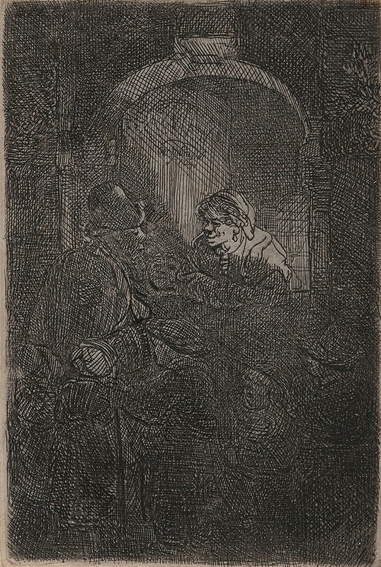 Rembrandt van Rijn - Woman at a hatch door talking to a man and children (the schoolmaster)