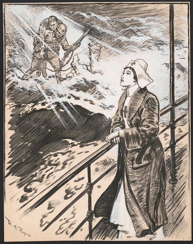 William Allen Rogers - Red Cross nurse standing at the railing of a ship, has a vision of wounded soldiers across a stormy sea