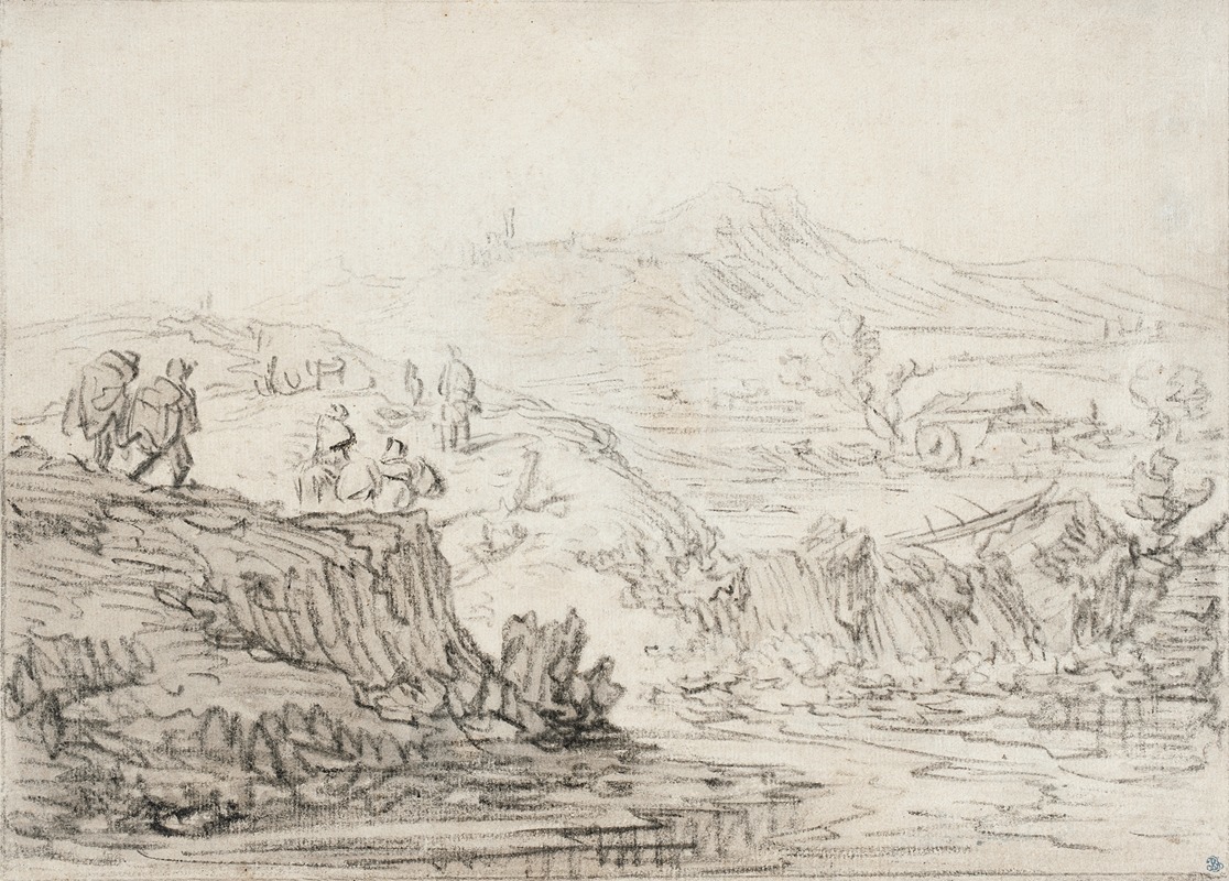 Herman Saftleven - Hilly Landscape with Stream and Figures