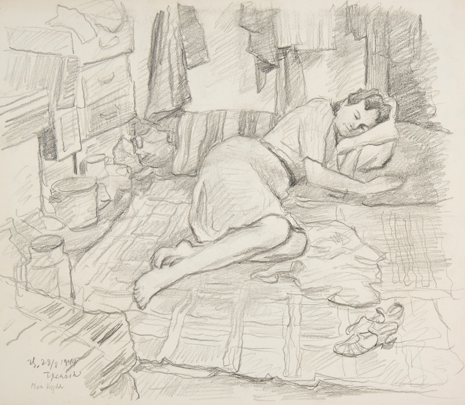 Ivan Ivanec - Kobieta śpiąca na kocu pośród paczek i naczyń