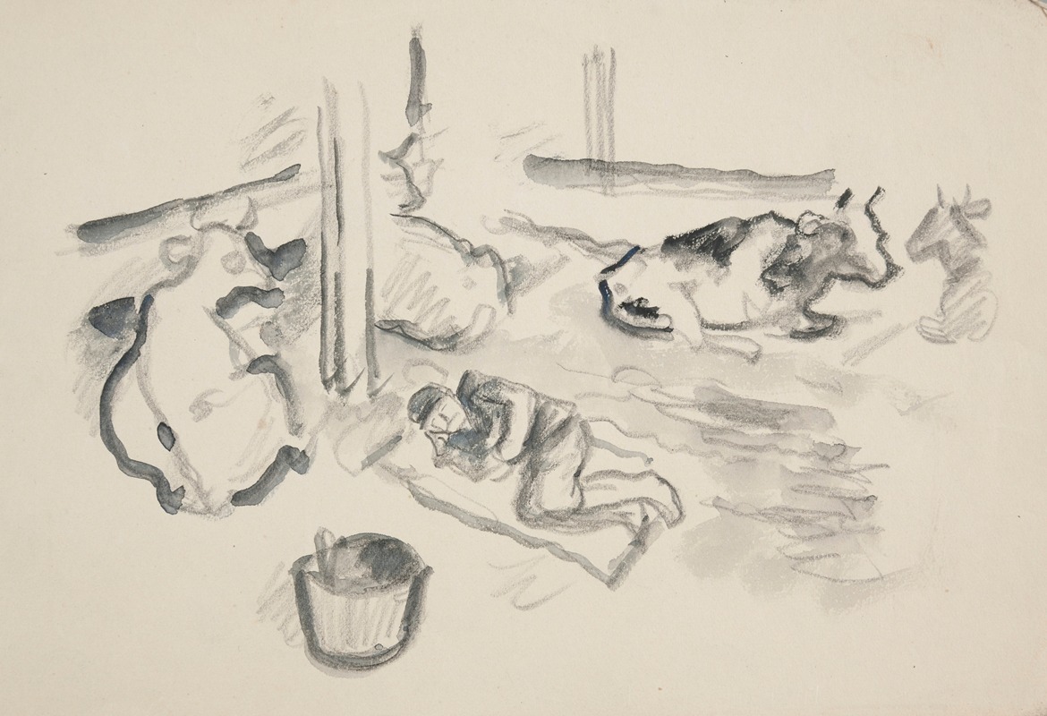Ivan Ivanec - Wnętrze obory z czterema leżącymi krowami i śpiącym żołnierzem